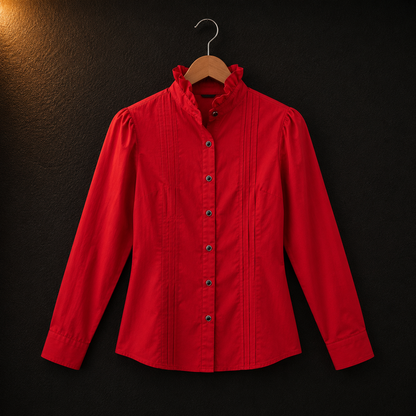 Meigui Red Cotton Shirt for Women | High Neck Button Front Casual Top