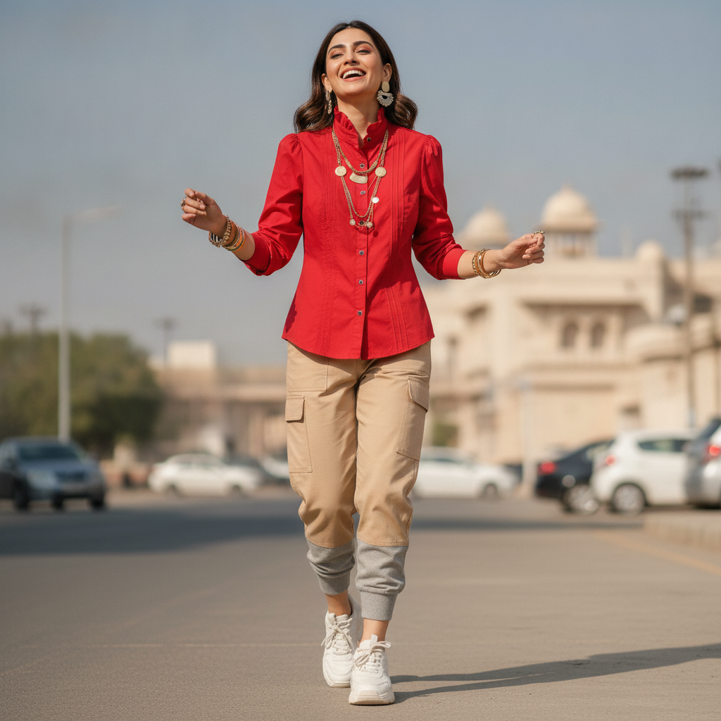 Meigui Red Cotton Shirt for Women | High Neck Button Front Casual Top