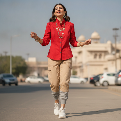 Meigui Red Cotton Shirt for Women | High Neck Button Front Casual Top