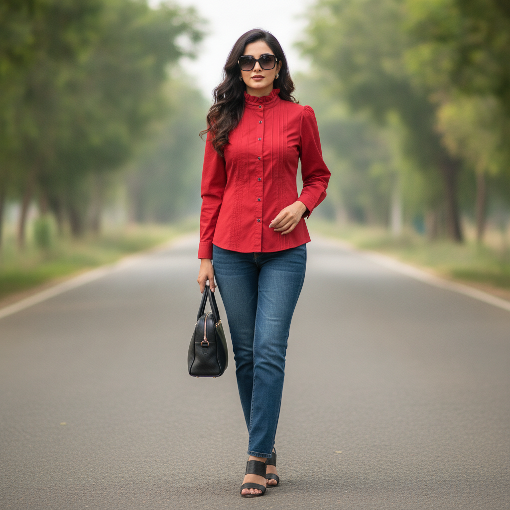 Meigui Red Cotton Shirt for Women | High Neck Button Front Casual Top