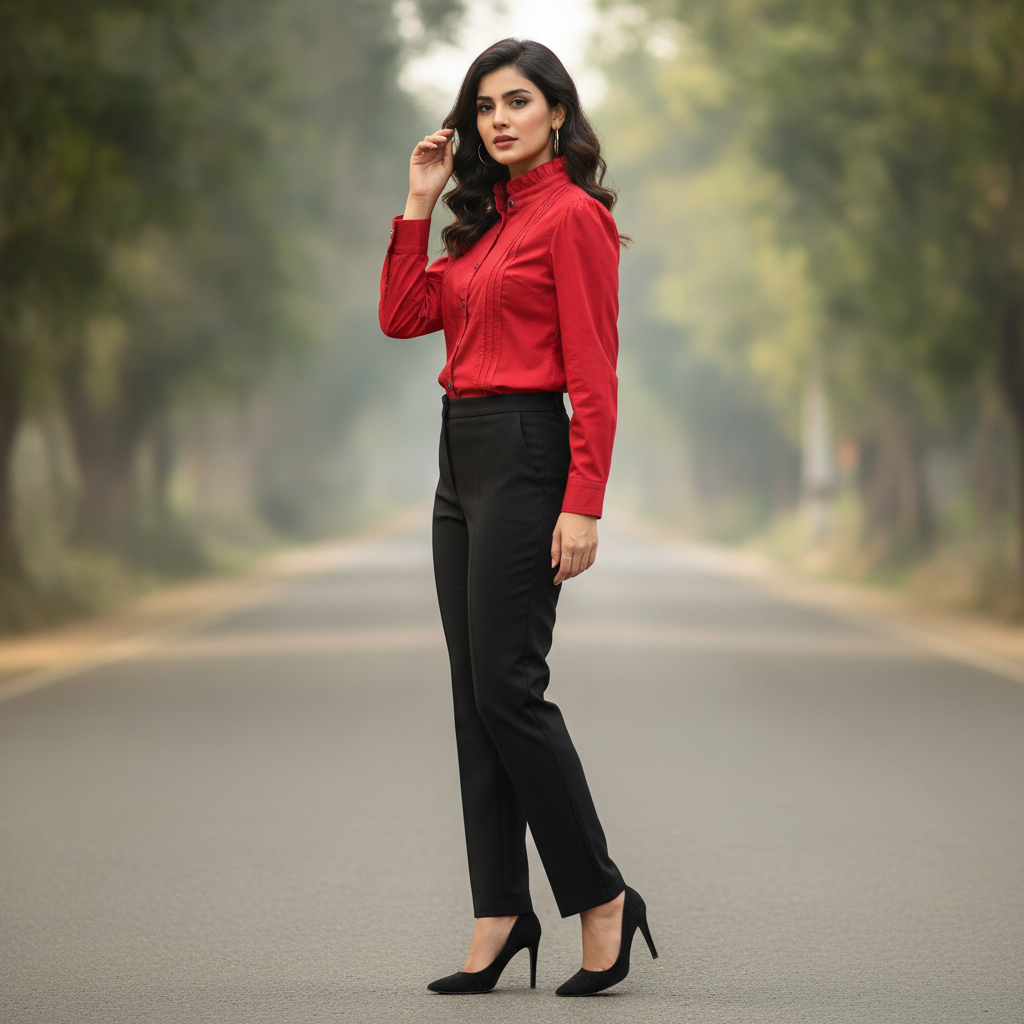 Meigui Red Cotton Shirt for Women | High Neck Button Front Casual Top