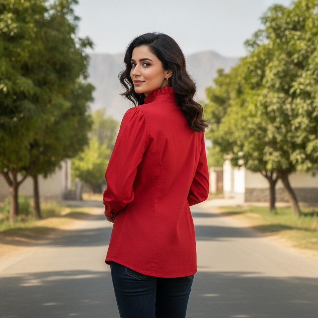 Meigui Red Cotton Shirt for Women | High Neck Button Front Casual Top