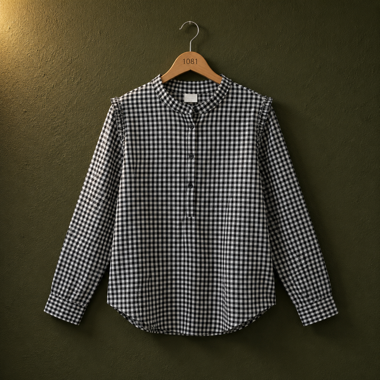H&M Black & White Gingham Cotton Top for Women | Mandarin Collar Casual Shirt