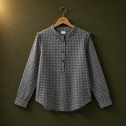 H&M Black & White Gingham Cotton Top for Women | Mandarin Collar Casual Shirt