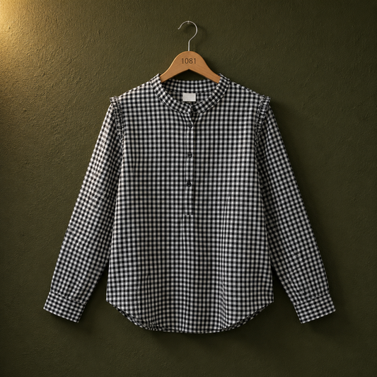 H&M Black & White Gingham Cotton Top for Women | Mandarin Collar Casual Shirt