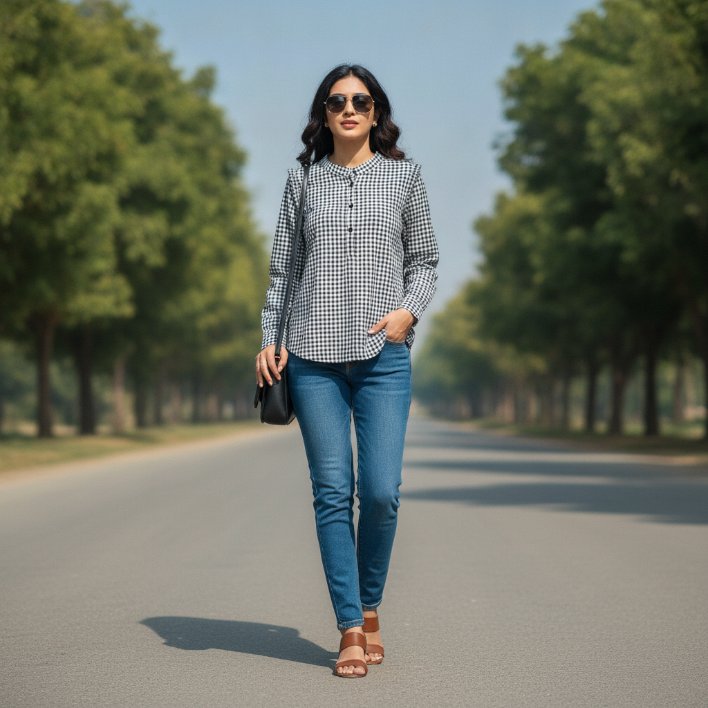 H&M Black & White Gingham Cotton Top for Women | Mandarin Collar Casual Shirt