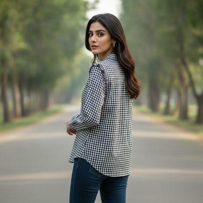 H&M Black & White Gingham Cotton Top for Women | Mandarin Collar Casual Shirt