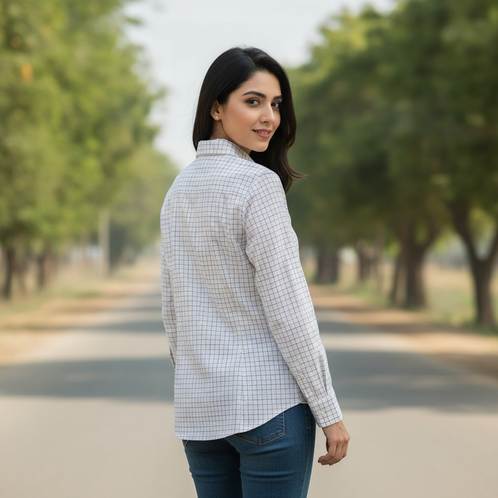 Bonnare White Checked Cotton Shirt for Women | Classic Button-Up Shirt