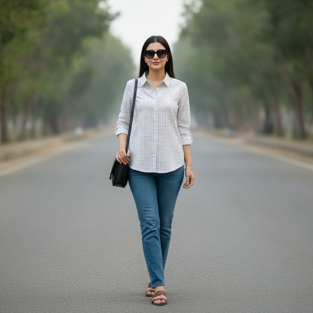 Bonnare White Checked Cotton Shirt for Women | Classic Button-Up Shirt