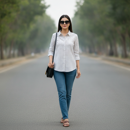 Bonnare White Checked Cotton Shirt for Women | Classic Button-Up Shirt