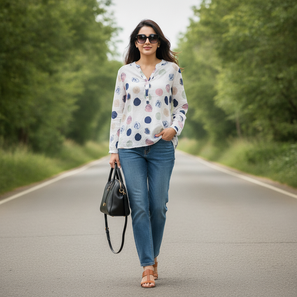 Zwillings White Printed Cotton Blouse for Women | Pastel Polka Dot Casual Top