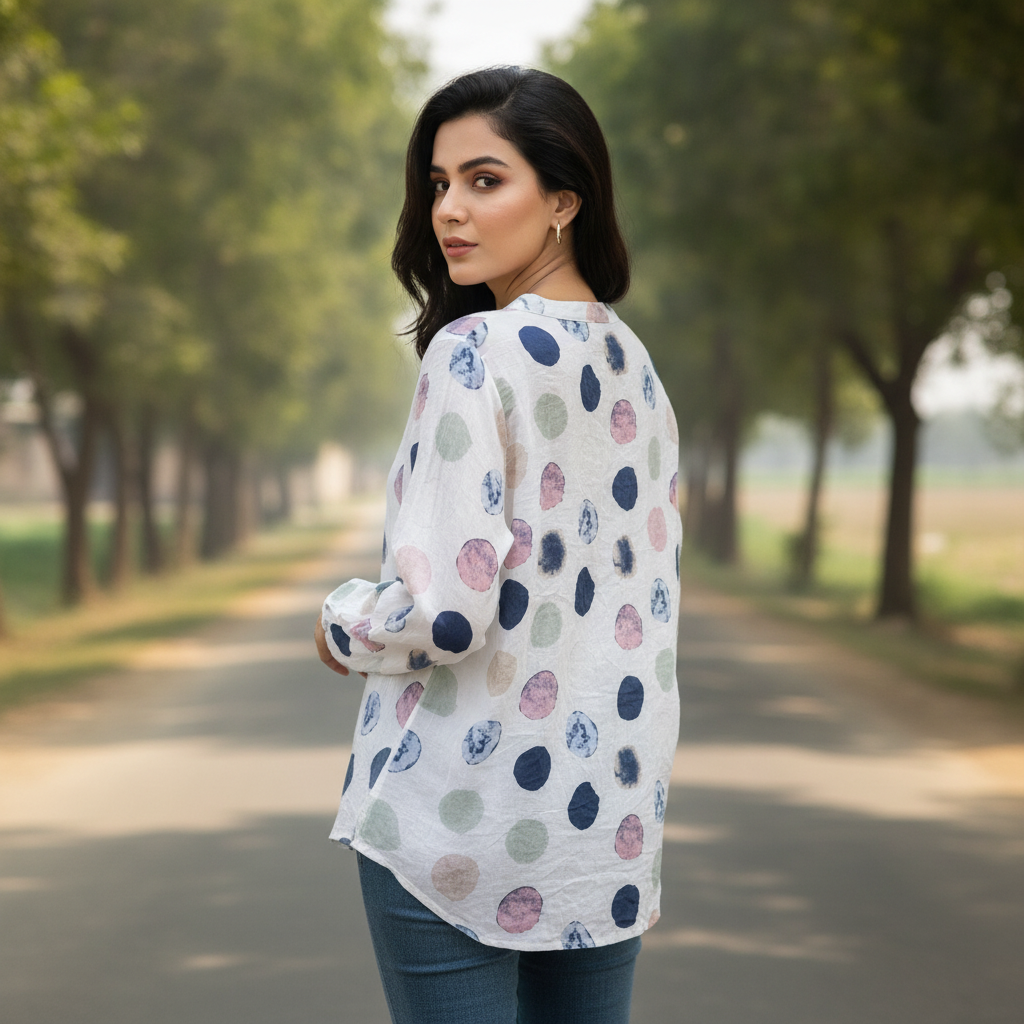 Zwillings White Printed Cotton Blouse for Women | Pastel Polka Dot Casual Top