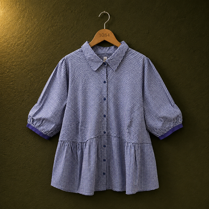 Sheezo Blue Gingham Cotton Peplum Top for Women | Puff Sleeve Button Front Shirt