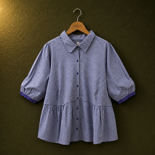Sheezo Blue Gingham Cotton Peplum Top for Women | Puff Sleeve Button Front Shirt