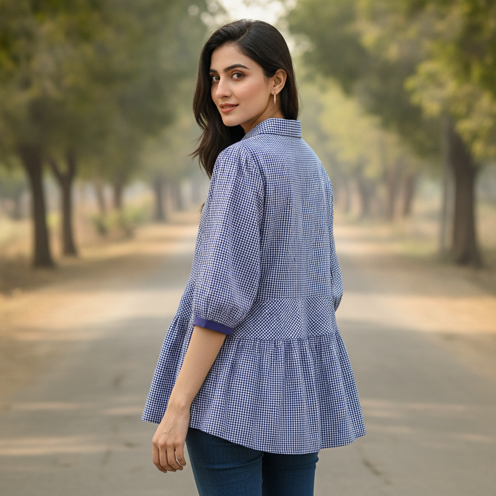 Sheezo Blue Gingham Cotton Peplum Top for Women | Puff Sleeve Button Front Shirt