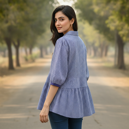 Sheezo Blue Gingham Cotton Peplum Top for Women | Puff Sleeve Button Front Shirt