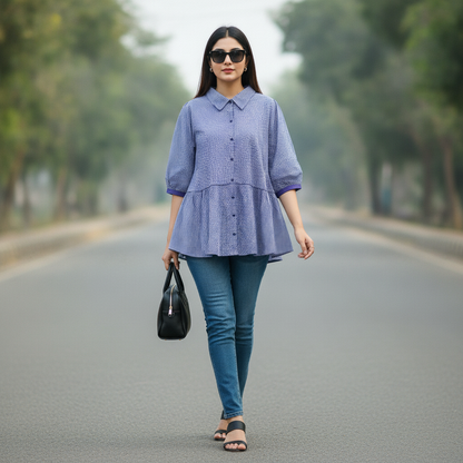 Sheezo Blue Gingham Cotton Peplum Top for Women | Puff Sleeve Button Front Shirt