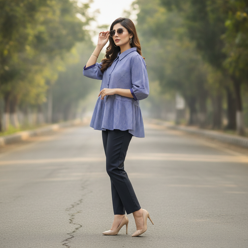 Sheezo Blue Gingham Cotton Peplum Top for Women | Puff Sleeve Button Front Shirt