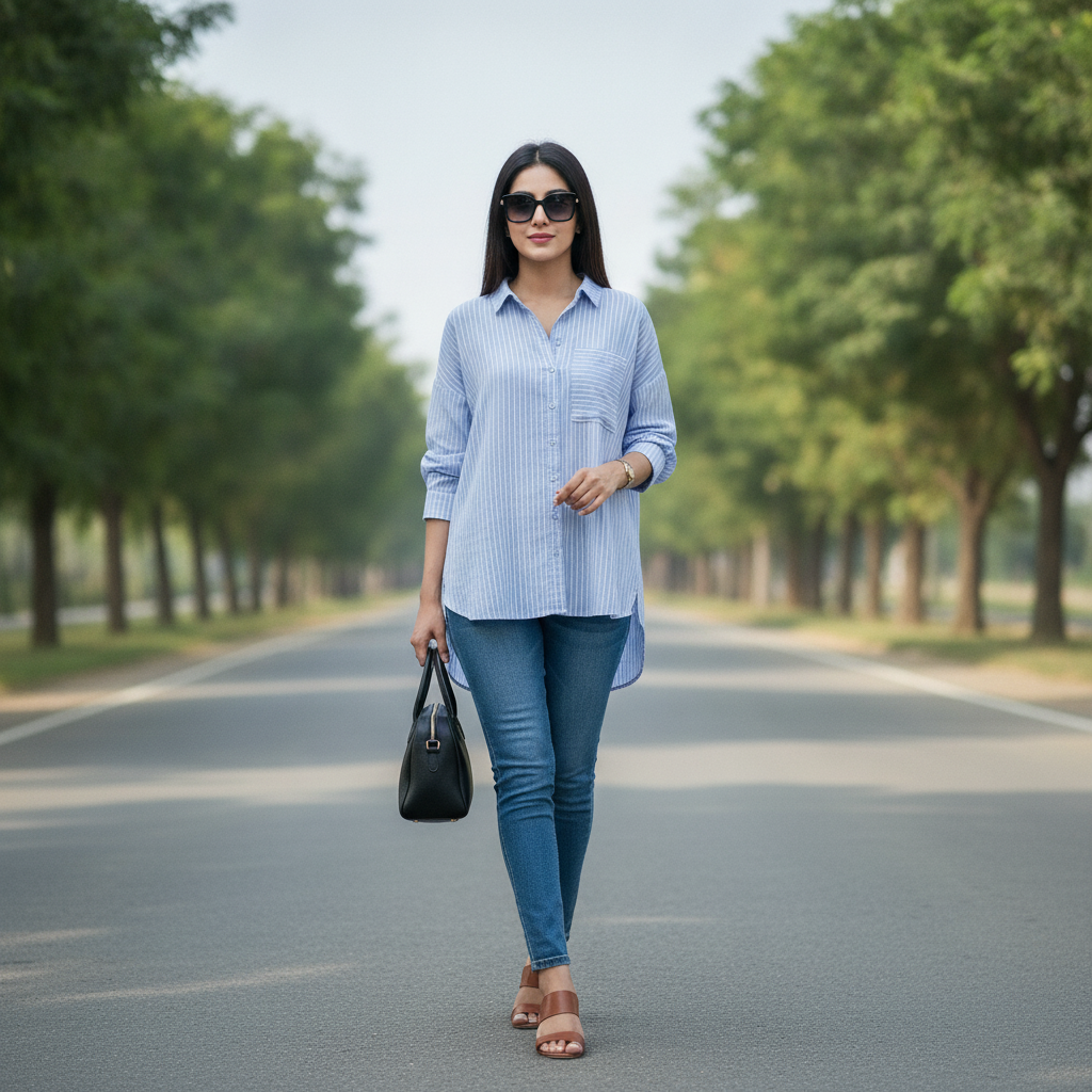 Kiabi Blue Striped Cotton Shirt for Women | Relaxed Fit Button-Up Blouse