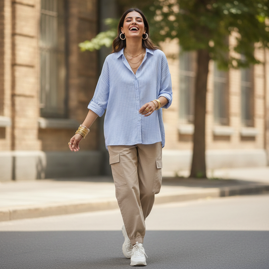 Kiabi Blue Striped Cotton Shirt for Women | Relaxed Fit Button-Up Blouse