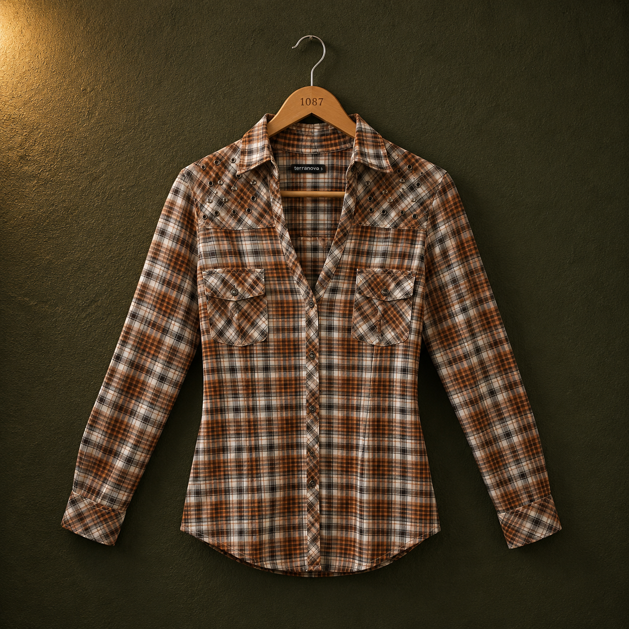 Terranova Brown Checked Cotton Shirt for Women | Studded Casual Button-Up Shirt