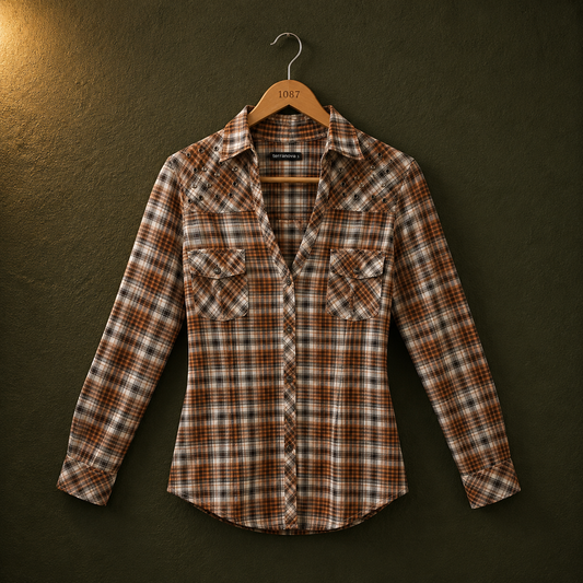 Terranova Brown Checked Cotton Shirt for Women | Studded Casual Button-Up Shirt