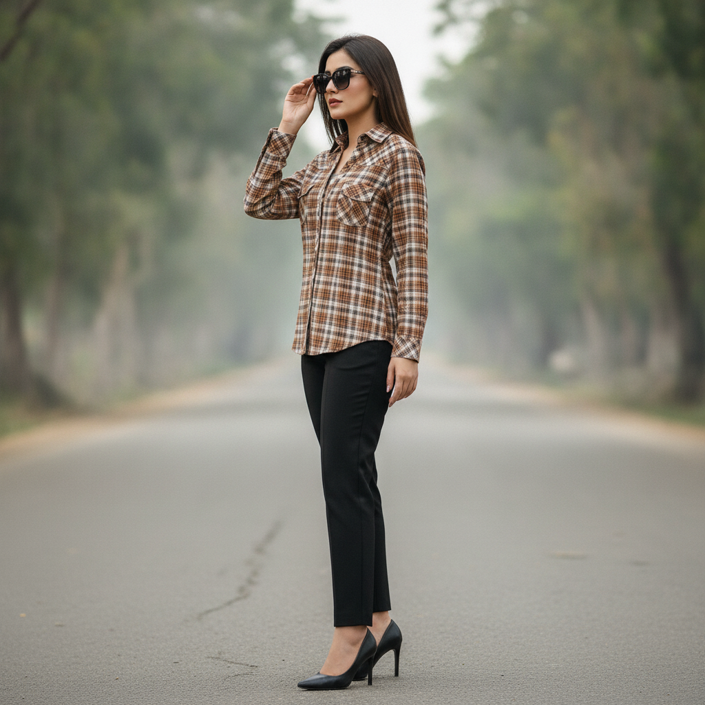 Terranova Brown Checked Cotton Shirt for Women | Studded Casual Button-Up Shirt