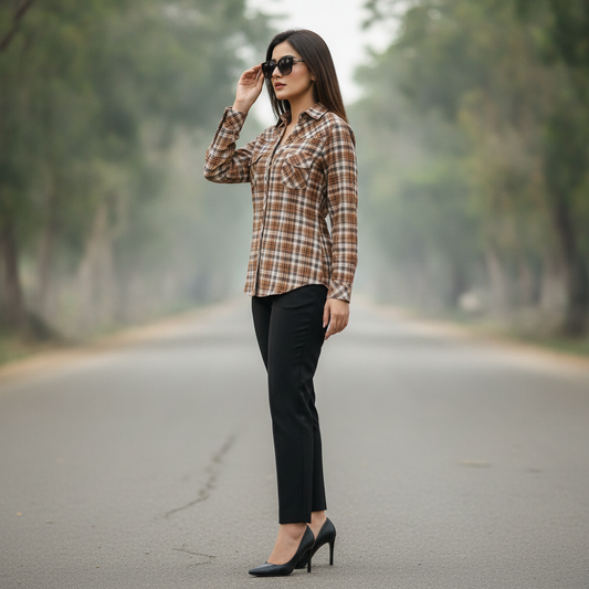Terranova Brown Checked Cotton Shirt for Women | Studded Casual Button-Up Shirt