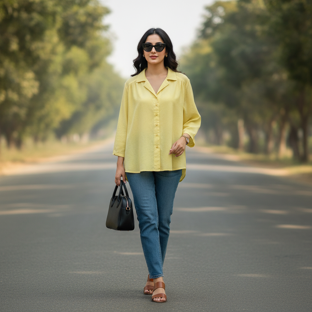 Bonnare Yellow Cotton Blouse for Women | Relaxed Button Front Casual Top