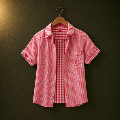 EDC Red Gingham Cotton Shirt for Women | Short Sleeve Casual Button-Up Shirt