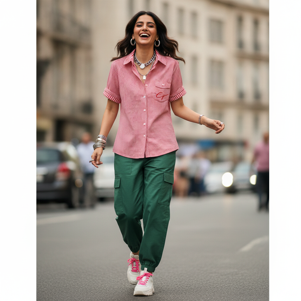 EDC Red Gingham Cotton Shirt for Women | Short Sleeve Casual Button-Up Shirt