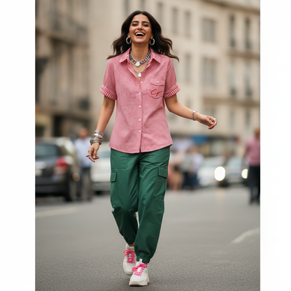 EDC Red Gingham Cotton Shirt for Women | Short Sleeve Casual Button-Up Shirt
