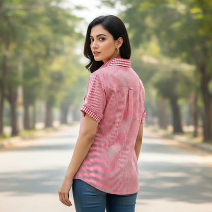 EDC Red Gingham Cotton Shirt for Women | Short Sleeve Casual Button-Up Shirt