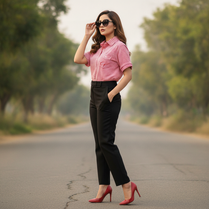 EDC Red Gingham Cotton Shirt for Women | Short Sleeve Casual Button-Up Shirt