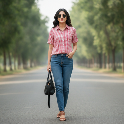 EDC Red Gingham Cotton Shirt for Women | Short Sleeve Casual Button-Up Shirt