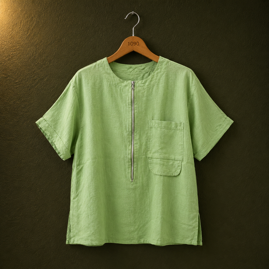 Naturally Green Cotton Zip Neck Top for Women | Casual Short Sleeve Blouse