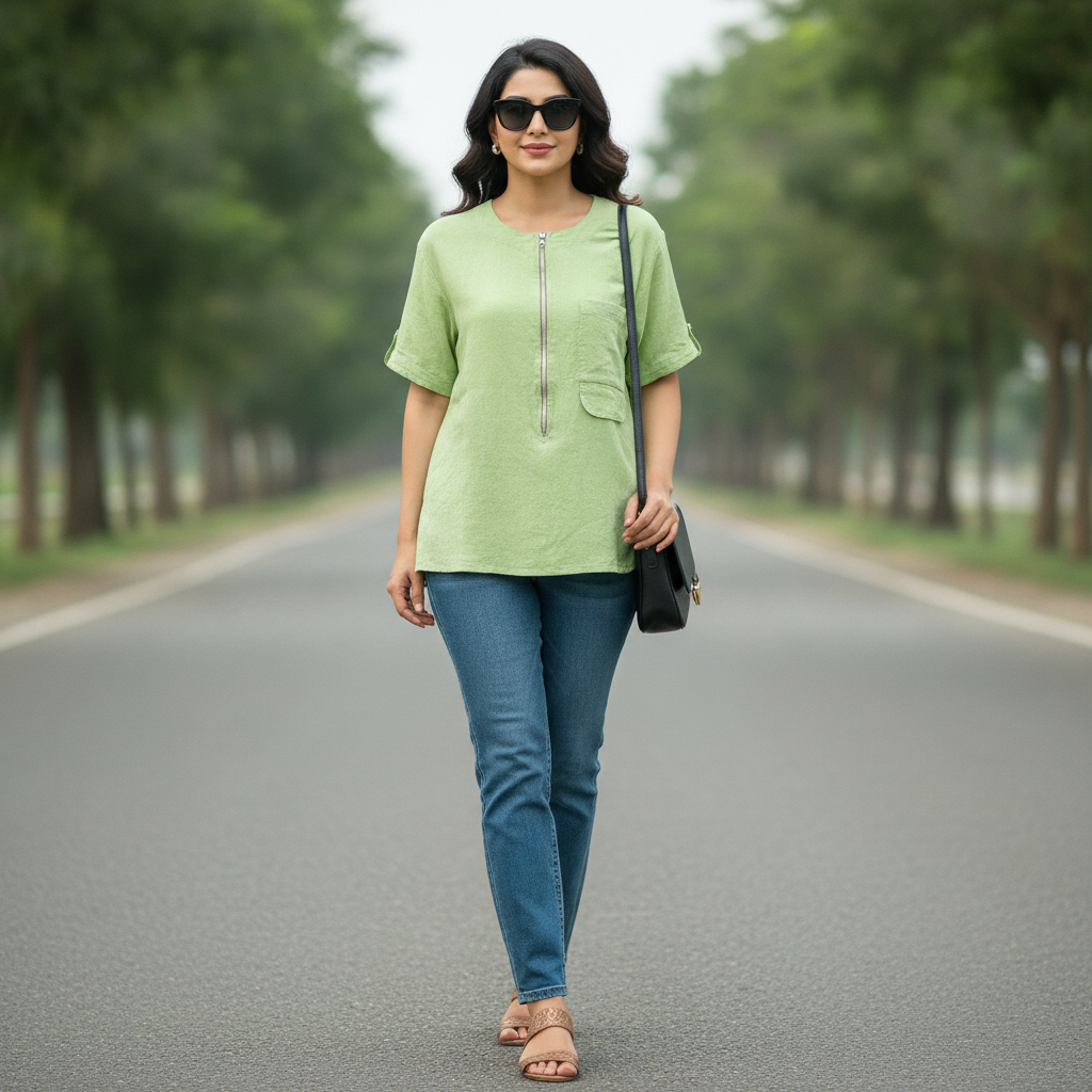 Naturally Green Cotton Zip Neck Top for Women | Casual Short Sleeve Blouse
