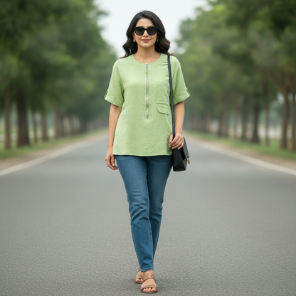 Naturally Green Cotton Zip Neck Top for Women | Casual Short Sleeve Blouse