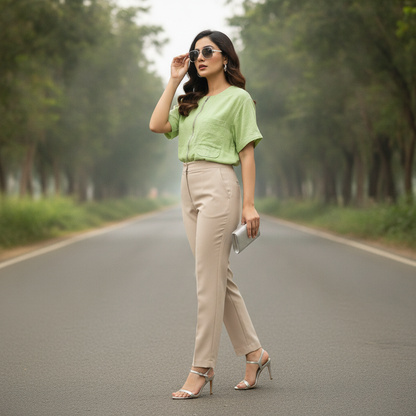 Naturally Green Cotton Zip Neck Top for Women | Casual Short Sleeve Blouse