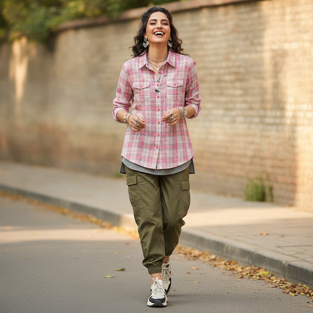 Yessica Pink Checked Cotton Shirt for Women | Classic Plaid Button-Up Top