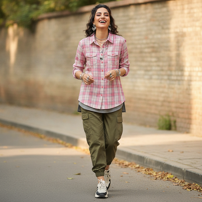 Yessica Pink Checked Cotton Shirt for Women | Classic Plaid Button-Up Top