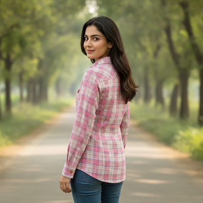 Yessica Pink Checked Cotton Shirt for Women | Classic Plaid Button-Up Top