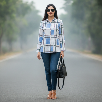 Mohito Blue Checked Viscose Shirt for Women | Casual Button-Up Blouse