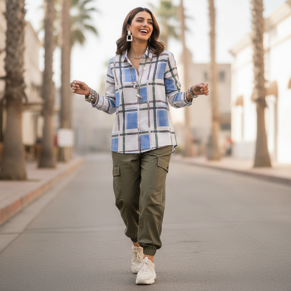 Mohito Blue Checked Viscose Shirt for Women | Casual Button-Up Blouse