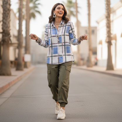 Mohito Blue Checked Viscose Shirt for Women | Casual Button-Up Blouse
