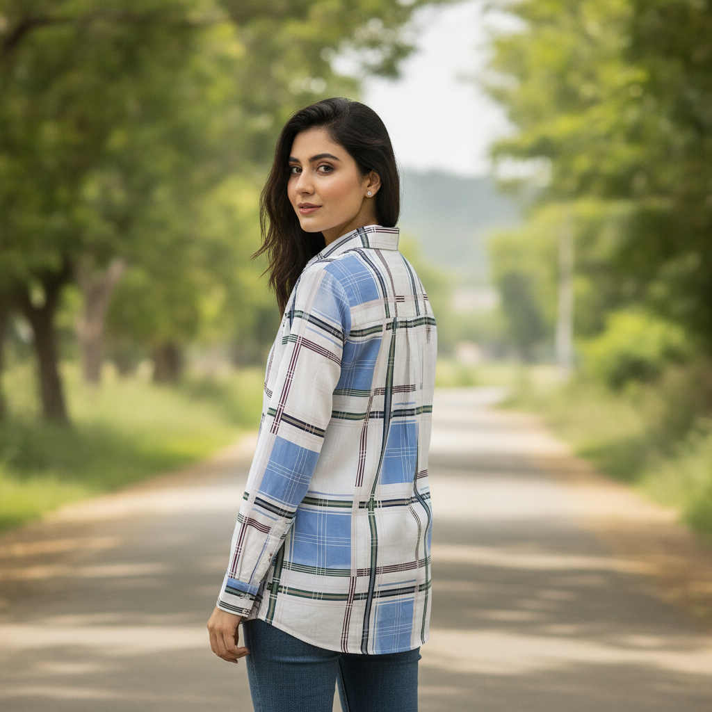 Mohito Blue Checked Viscose Shirt for Women | Casual Button-Up Blouse
