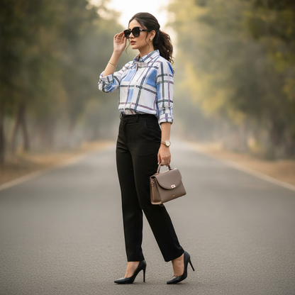Mohito Blue Checked Viscose Shirt for Women | Casual Button-Up Blouse