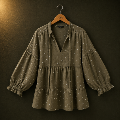 Zara Olive Printed Viscose Peplum Top for Women | Puff Sleeve Blouse