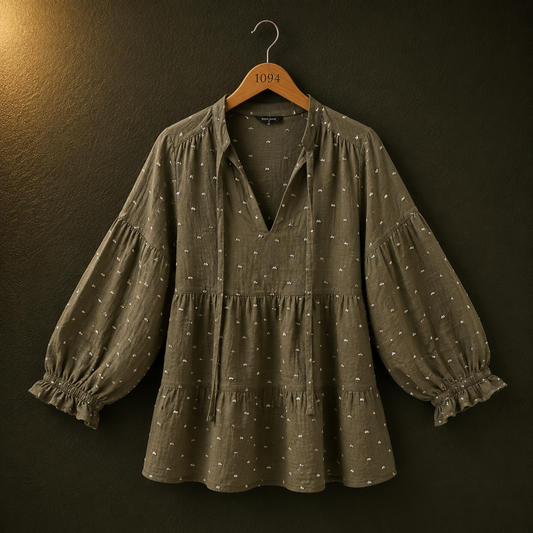 Zara Olive Printed Viscose Peplum Top for Women | Puff Sleeve Blouse