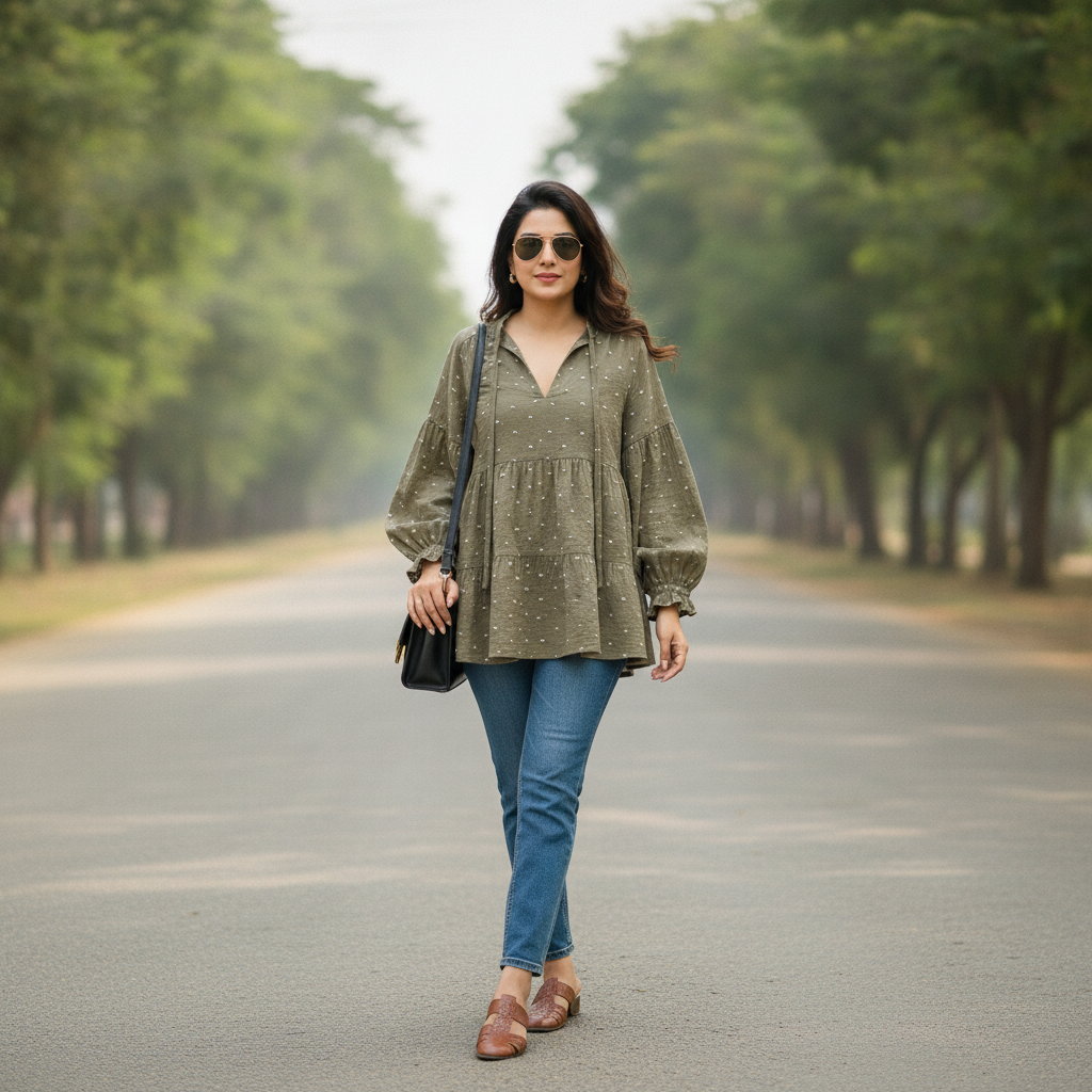 Zara Olive Printed Viscose Peplum Top for Women | Puff Sleeve Blouse